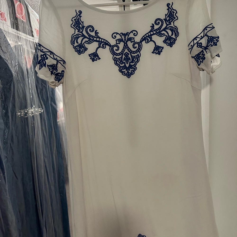 White Dress with Blue Embroidery